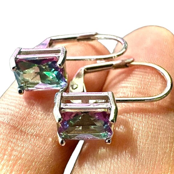 Emerald Cut Rainbow Mystic Topaz Dangle Earrings for Women SIlver Plated - Picture 1 of 10